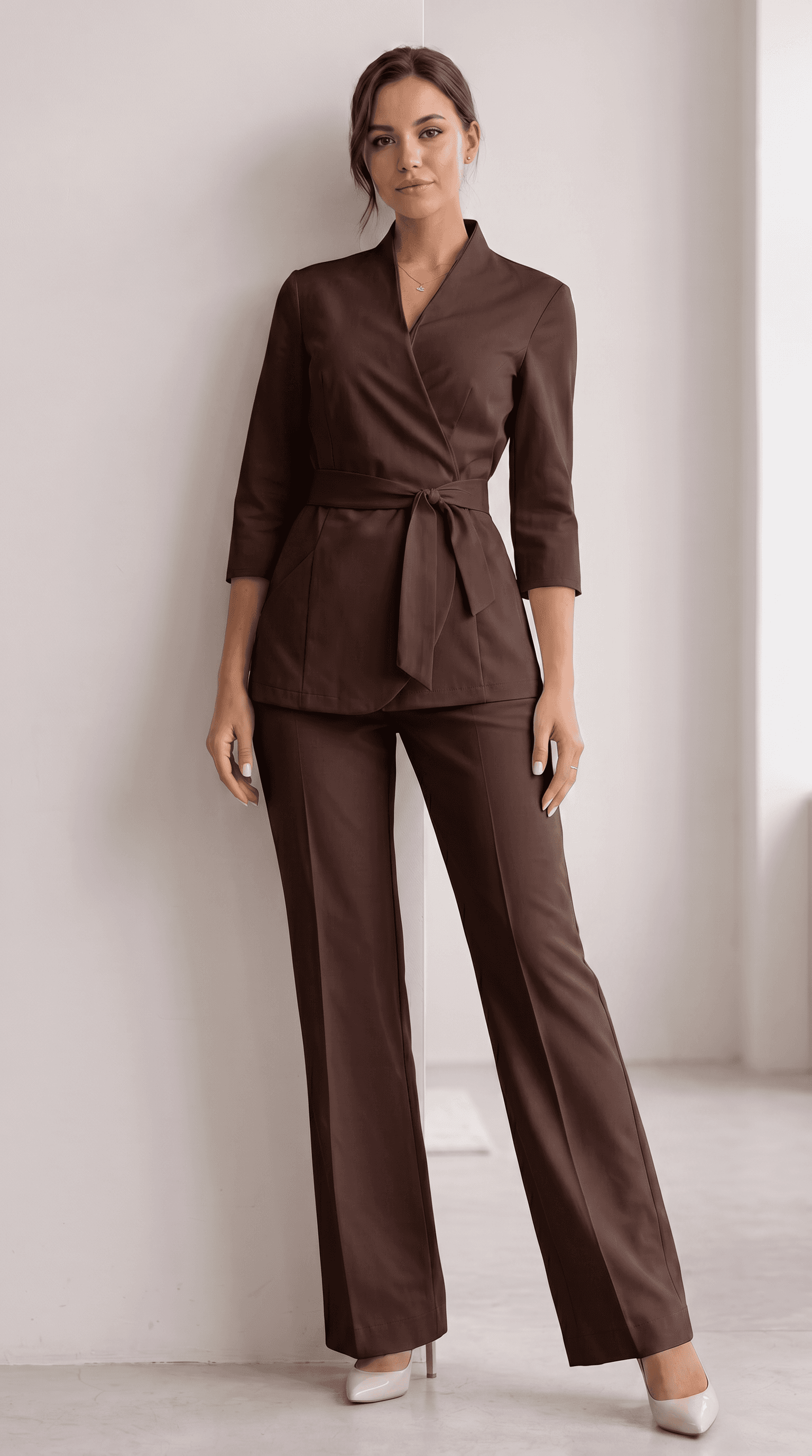Belted Wrap Blazer Set — Chocolate